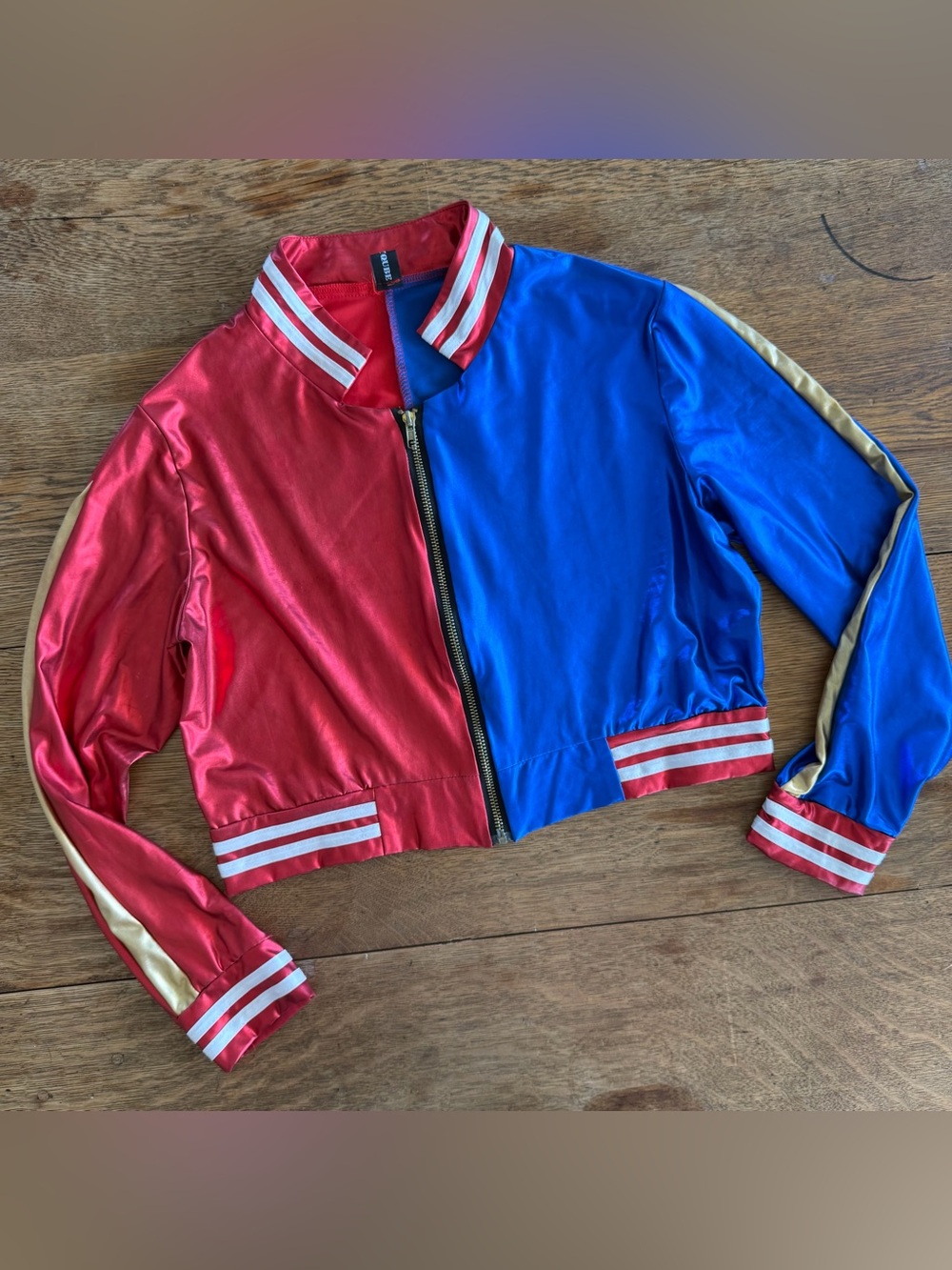 Fancyqube Cropped Colorblock gold & Red & Blue & white Bomber Jacket - Women's